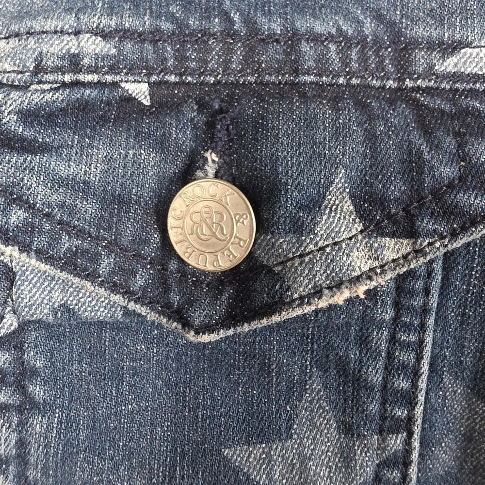 Rock & Republic Denim Vest Women M Blue Star Print Frayed Gunshow Starlight‎ 4TH